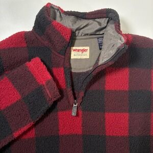 Wrangler Sherpa Pullover Large Red Buffalo Plaid Fleece 1/4 Zip Hiking